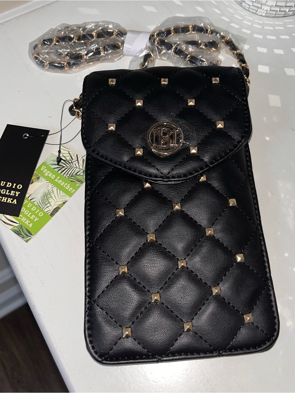 Badgley Mischka Black Quilted Crossbody Phone Bag with Gold Studs